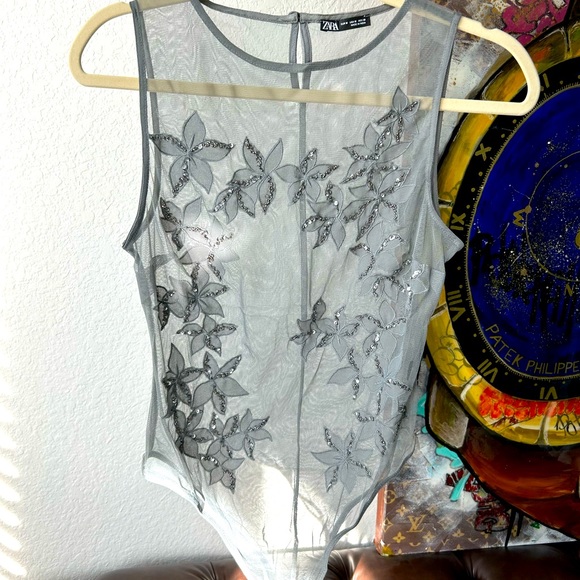 Zara Tops - NWOT, Zara embroidered mesh bodysuit, floral blue/grey, Size M